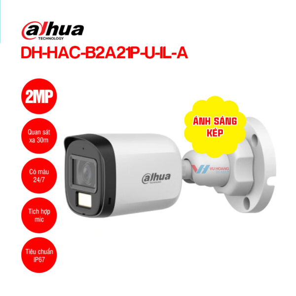 Camera HDCVI Full Color ánh sáng kép 2MP Dahua DH-HAC-B2A21P-U-IL-A